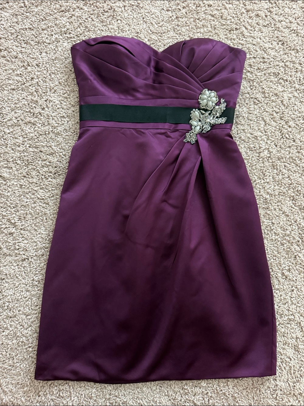 Strapless Plum Satin Cocktail Dress with Jeweled Waist